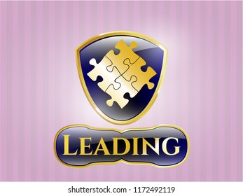  Golden emblem or badge with solution icon and Leading text inside