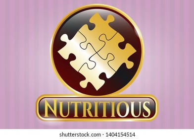  Golden emblem or badge with solution icon and Nutritious text inside