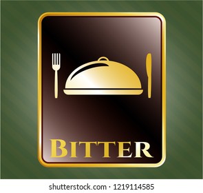  Golden emblem or badge with special food icon and Bitter text inside