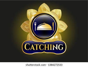  Golden emblem or badge with special food icon and Catching text inside