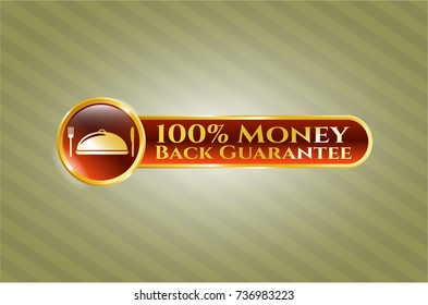  Golden emblem or badge with special food icon and 100% Money Back Guarantee text inside