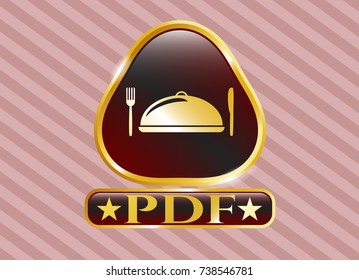  Golden emblem or badge with special food icon and PDF text inside