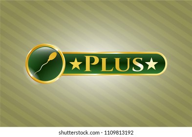   Golden emblem or badge with sperm icon and Plus text inside