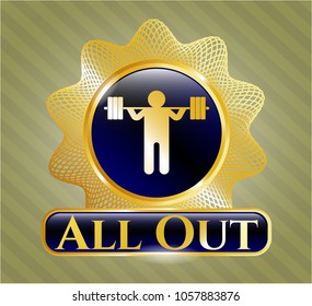  Golden emblem or badge with squat icon and All Out text inside
