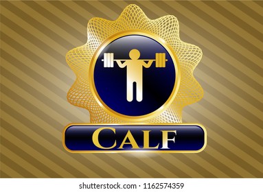  Golden emblem or badge with squat icon and Calf text inside