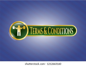  Golden emblem or badge with squat icon and Terms & Conditions text inside