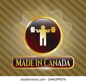  Golden emblem or badge with squat icon and Made in Canada text inside