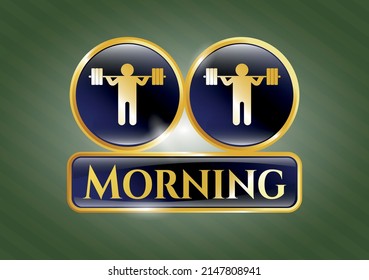 Golden emblem or badge with squat icon and Morning text inside