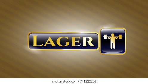  Golden emblem or badge with squat icon and Lager text inside
