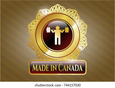  Golden emblem or badge with squat icon and Made in Canada text inside