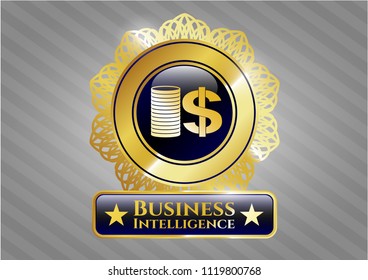  Golden emblem or badge with stack of coins icon and Business Intelligence text inside