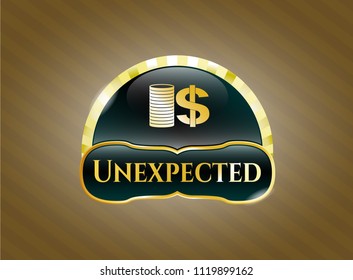  Golden emblem or badge with stack of coins icon and Unexpected text inside