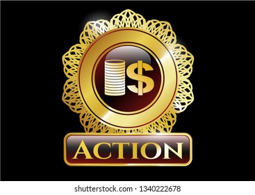  Golden emblem or badge with stack of coins icon and Action text inside