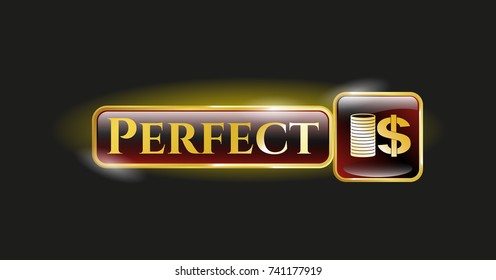  Golden emblem or badge with stack of coins icon and Perfect text inside