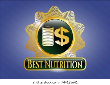  Golden emblem or badge with stack of coins icon and Best Nutrition text inside