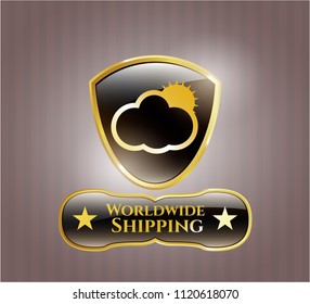  Golden emblem or badge with sun behind cloud icon and Worldwide Shipping text inside