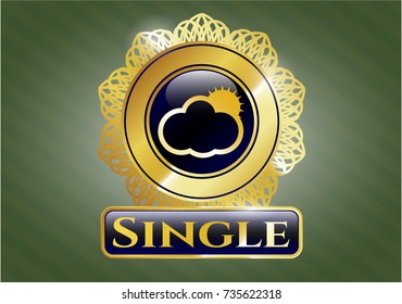  Golden emblem or badge with sun behind cloud icon and Single text inside