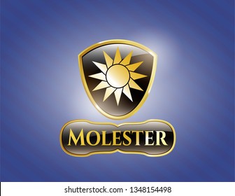 Golden emblem or badge with sun icon and Molester text inside