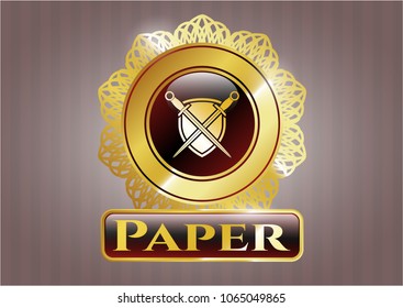 Golden emblem or badge with swords crossed with shield icon and Paper text inside