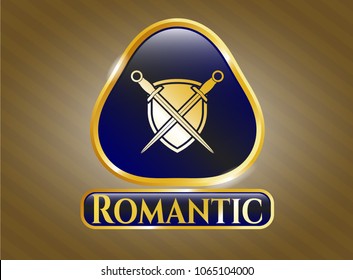  Golden emblem or badge with swords crossed with shield icon and Romantic text inside