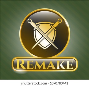   Golden emblem or badge with swords crossed with shield icon and Remake text inside
