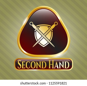  Golden emblem or badge with swords crossed with shield icon and Second Hand text inside