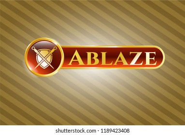  Golden emblem or badge with swords crossed with shield icon and Ablaze text inside