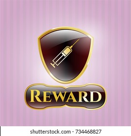  Golden emblem or badge with syringe icon and Reward text inside