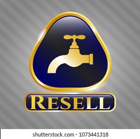   Golden emblem or badge with tap icon and Resell text inside