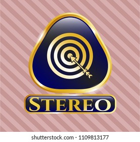   Golden emblem or badge with target, business icon and Stereo text inside