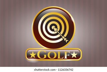  Golden emblem or badge with target, business icon and Golf text inside