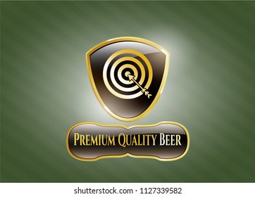  Golden emblem or badge with target, business icon and Premium Quality Beer text inside