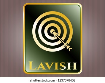  Golden emblem or badge with target, business icon and Lavish text inside