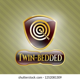  Golden emblem or badge with target, business icon and Twin-bedded text inside