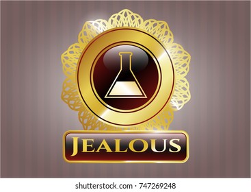  Golden emblem or badge with test tube icon and Jealous text inside