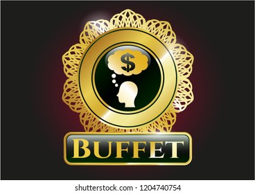  Golden emblem or badge with thinking in money icon and Buffet text inside