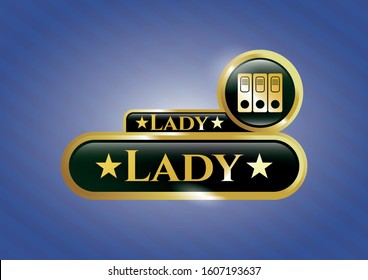  Golden emblem or badge with three folders icon and Lady text inside