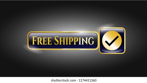  Golden emblem or badge with tick icon and Free Shipping text inside