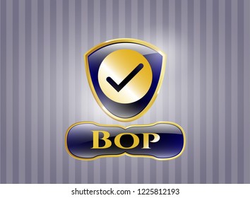  Golden emblem or badge with tick icon and Bop text inside