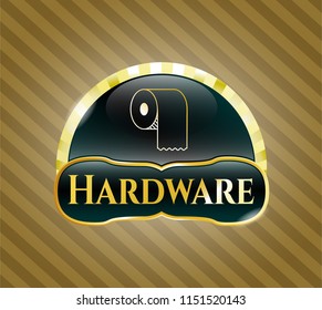  Golden emblem or badge with toilet paper icon and Hardware text inside