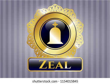  Golden emblem or badge with tombstone icon and Zeal text inside