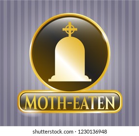  Golden emblem or badge with tombstone icon and Moth-eaten text inside