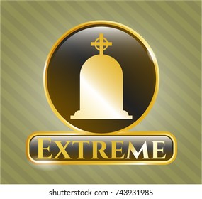  Golden emblem or badge with tombstone icon and Extreme text inside