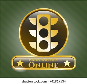  Golden emblem or badge with traffic light icon and Earn Money Online text inside