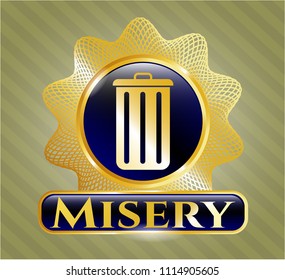   Golden emblem or badge with trash can icon and Misery text inside