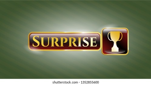  Golden emblem or badge with trophy icon and Surprise text inside
