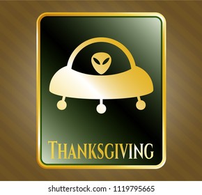  Golden emblem or badge with ufo with aline inside icon and Thanksgiving text inside