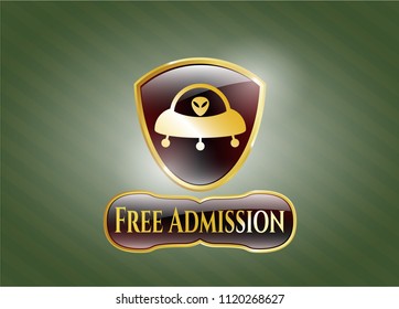 Golden emblem or badge with ufo with aline inside icon and Free Admission text inside