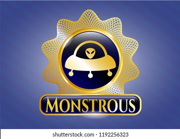 Golden emblem or badge with ufo with aline inside icon and Monstrous text inside