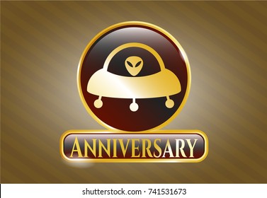  Golden emblem or badge with ufo with aline inside icon and Anniversary text inside